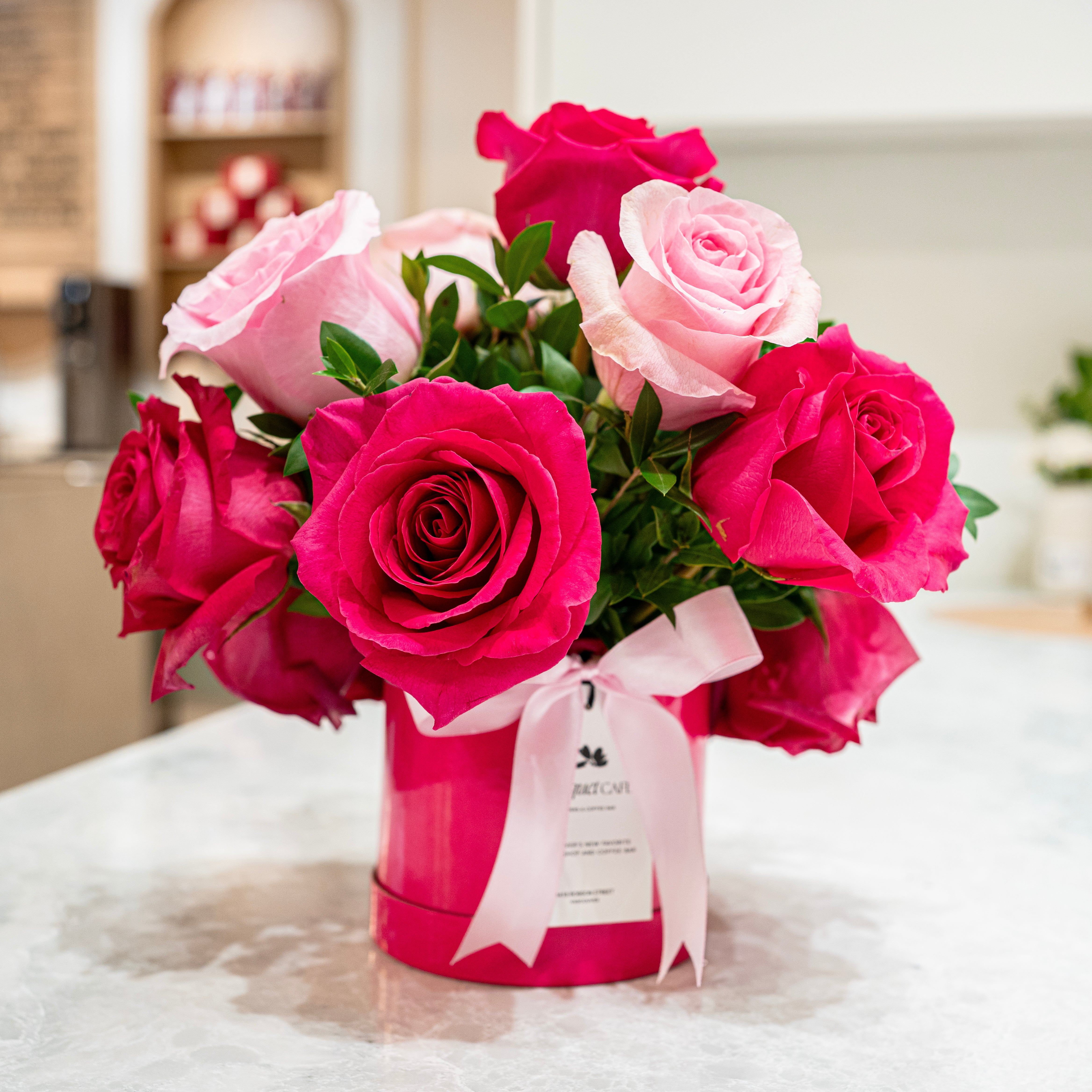 Blush in Yaletown is a romantic pink rose hat box from our Valentine’s collection. Designed in Vancouver by Bouquet Café for heartfelt moments.