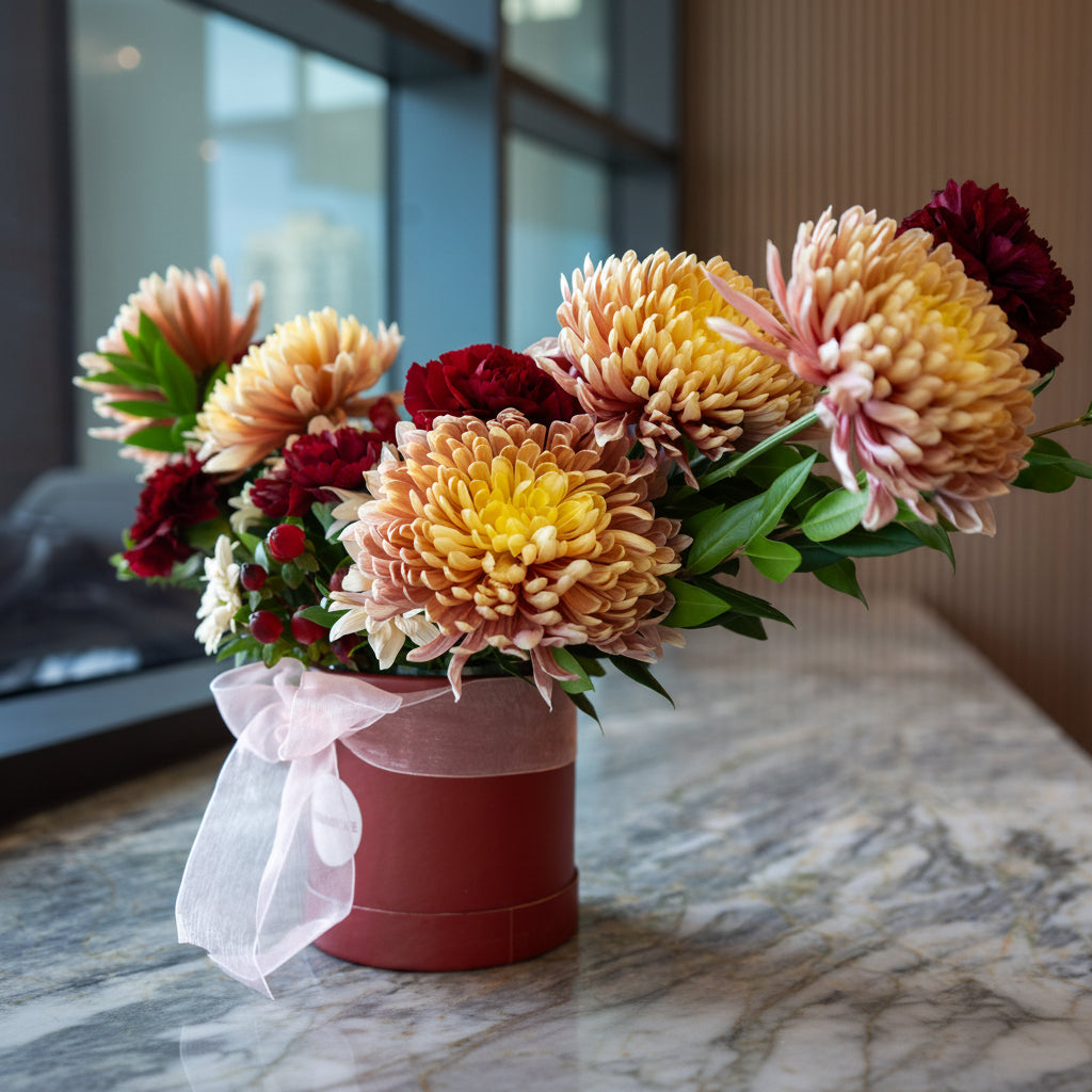 Colorful flower arrangement in a red box with a white bow on a marble surface.