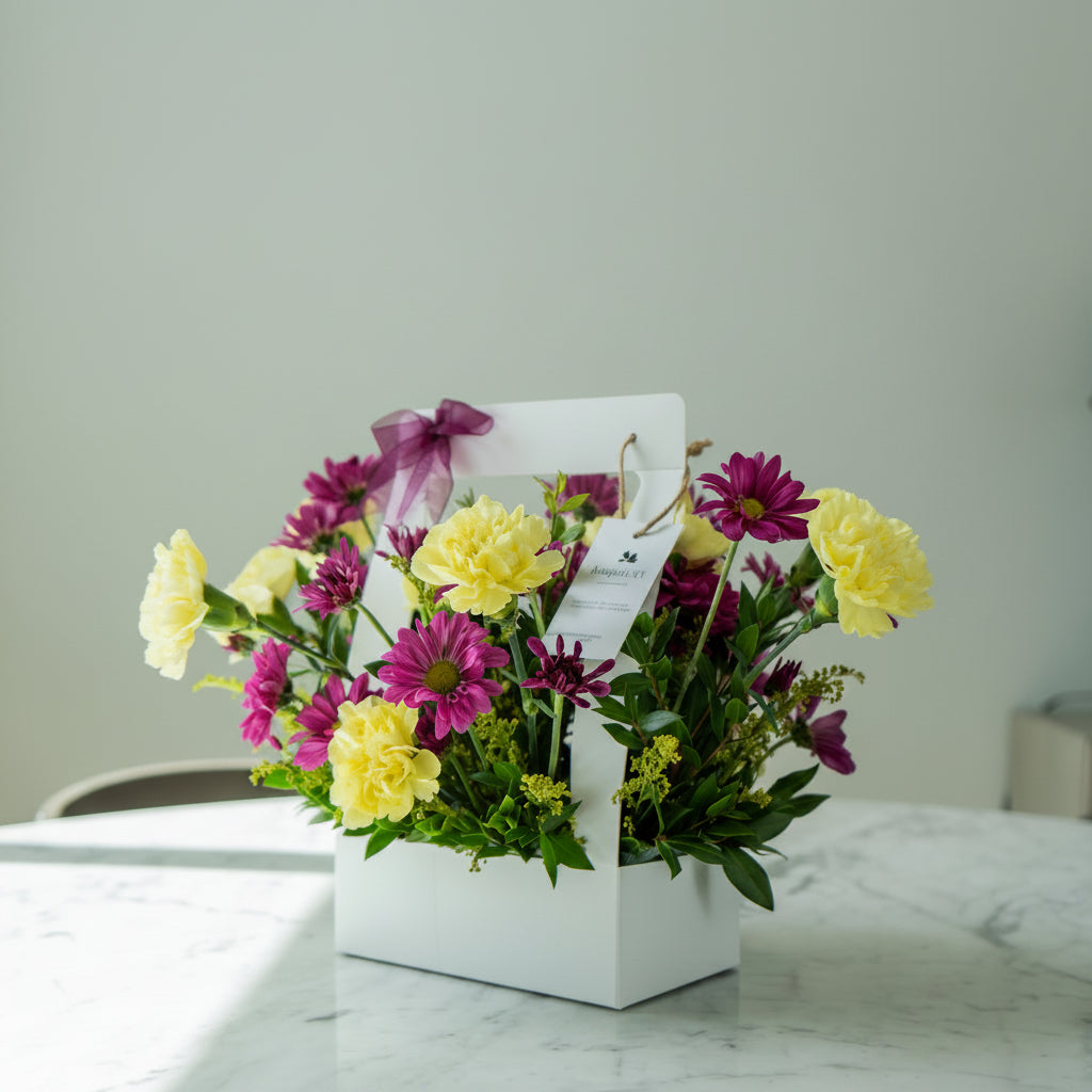 Floral arrangement in a white box on a marble surface with a neutral background